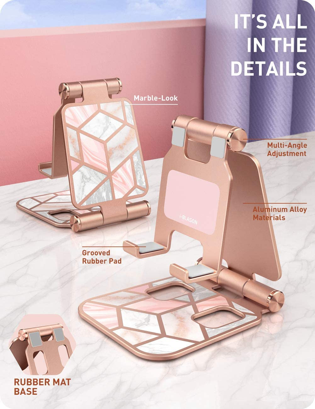 Cell Phone Stand for Desk, Phone Holder Fits All Phones, Marble | Sturdy Stand, Foldable, Stylish